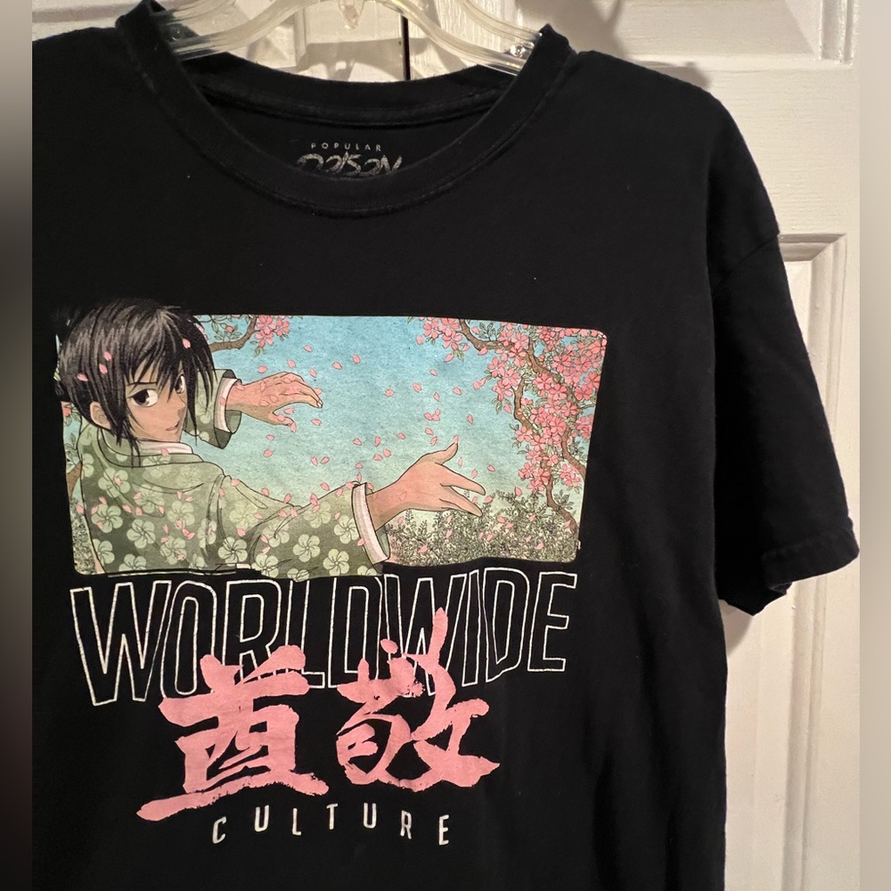 Worldwide Culture Graphic Anime Black Tee with Pink & Teal Print